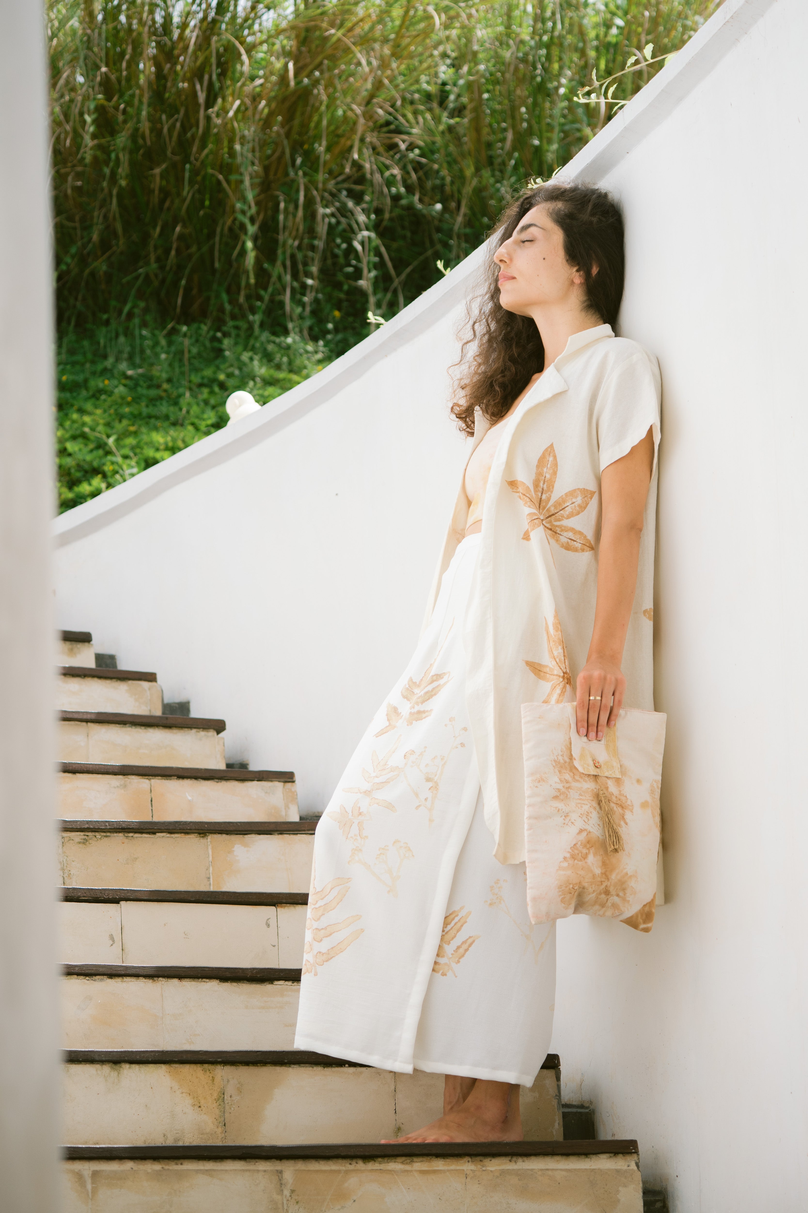 The Lotus  White & Brown Leaves Organic Bamboo Cotton Kimono Out Fit